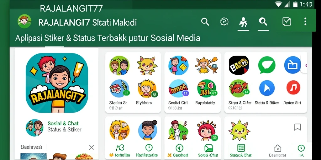 Antarmuka aplikasi RAJALANGIT77 dengan stiker dan status menarik.