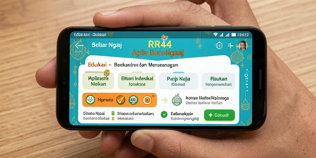 Tampilan utama aplikasi RR44 dengan antarmuka belajar Ngaji yang interaktif.